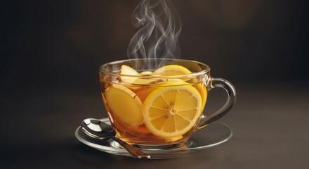 Steaming hot cup of refreshing lemon tea with slices of fresh lemon and ginger on a dark background