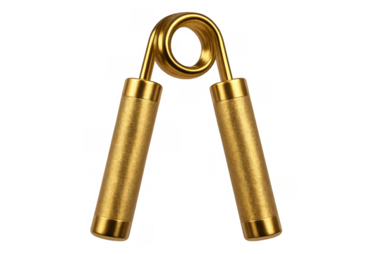 Gold hand gripper strengthening grip for fitness, exercise, and muscle building on transparent background