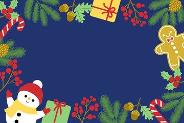 Christmas banner with plants, snowman, gingerbread man, sugar cane and gift on dark blue background with blank space.