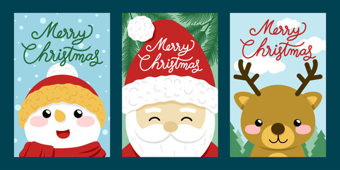 Christmas banners with cute character of Santa Claus, snowman and reindeer. Illustration design for artwork of banner, card or poster.