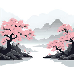 Oriental landscape with sakura trees in blossom and misty forest mountains. Traditional oriental ink painting sumi-e, u-sin, go-hua. Hieroglyphs - eternity, freedom, happiness