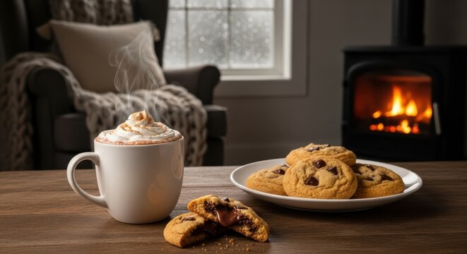 Cozy autumn scene with a warm mug of whipped cream topped drink and chocolate chip cookies by a fireplace