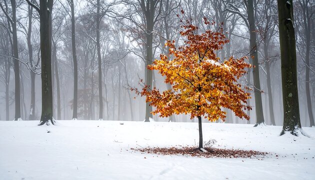 A singular tree, adorned with vibrant fall foliage, stands amidst a snowy forest scene, creating a striking contrast. The sky is overcast - Powered by Adobe