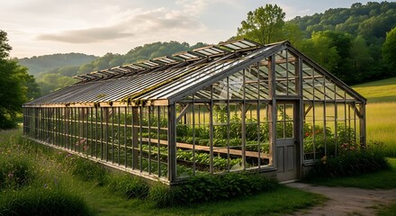 Fototapeta premium Greenhouse in a lush landscape with open door, plants and a natural environment for gardening and growth