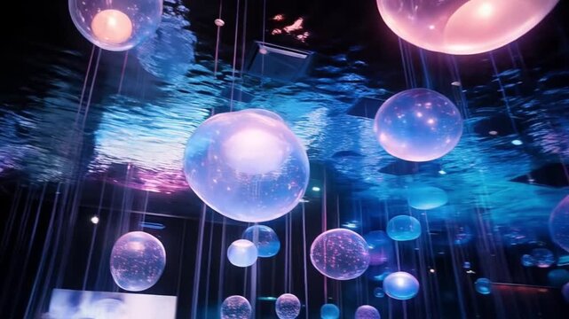 Abstract glowing spheres installation art exhibition light display immersive experience design blue purple - Powered by Adobe