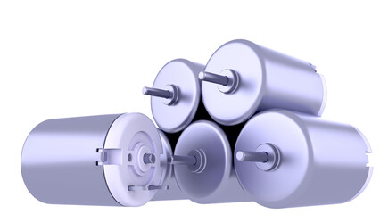 DC Electric Motors - stacked on top of each other. High-quality 3D rendering isolated on white background. Ideal for professionals, educational, engineering, and industrial design.