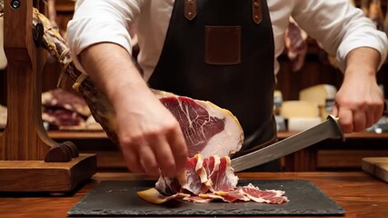 Artisan slicing cured ham with precision, culinary expertise on display, gourmet delicacy in a traditional setting, perfect for festive gatherings