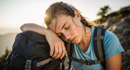 An exhausted female hiker with a sweaty face is asleep outdoors, resting her head on her large black backpack in the sunlight.
