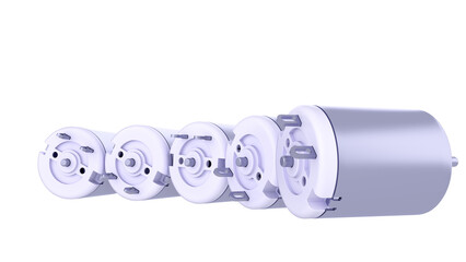 DC Electric Motors - side by side. High-quality 3D rendering isolated on white background. Ideal for professionals, educational, engineering, and industrial design.