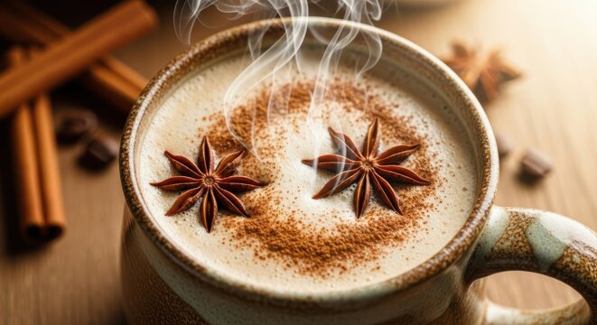 Steaming cup of aromatic chai tea with star anise and cinnamon sticks a warm and comforting beverage
