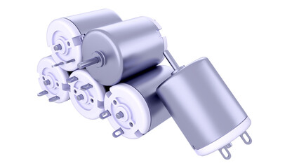 DC Electric Motors - stacked on top of each other. High-quality 3D rendering isolated on white background. Ideal for professionals, educational, engineering, and industrial design.