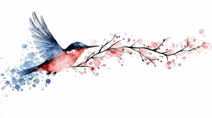 A watercolor painting of a blue and red hummingbird flying next to a delicate cherry blossom branch with pink petals.