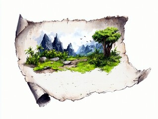 A watercolor painting depicts a vibrant tropical landscape with jagged mountains, lush green foliage, palm trees, and a large tree on a weathered, torn scroll.