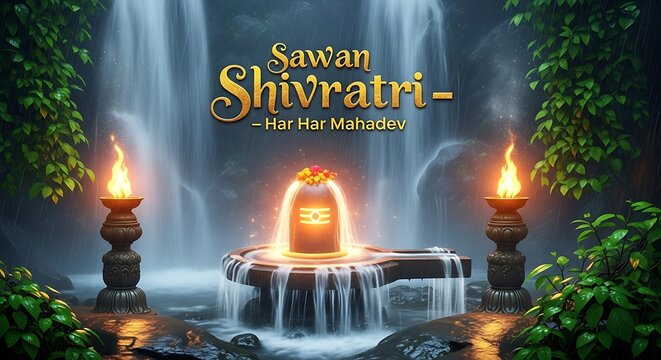 A captivating sawan shivratri scene featuring a shiva lingam bathed in light against a backdrop of cascading waterfalls, symbolizing purity and divine grace in natures embrace