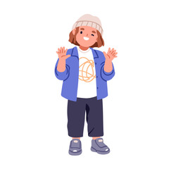 Boy kid greeting with hands, extra six fingers, showing polydactyly. Happy smiling little child with rare congenital trait, anatomy anomaly. Flat vector illustration isolated on white background