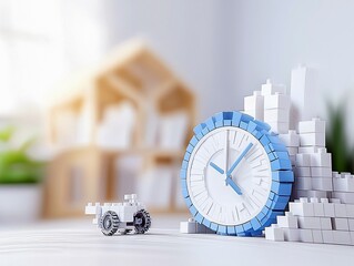 A toy clock and a cityscape made of building blocks are placed on a white surface, with a blurred background of a wooden house and greenery.