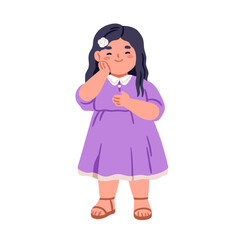 Girl, fat kid in dress. Chubby chunky cute happy preschool kindergarten child smiling, hand on cheek, flower in hair, standing. Flat graphic vector illustration isolated on white background
