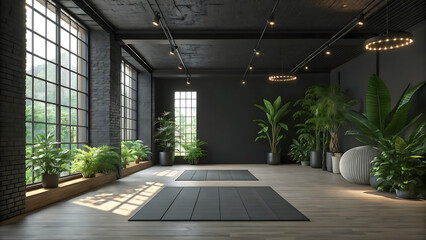 yoga with black walls, natural light, wooden floor and green background wallpaper