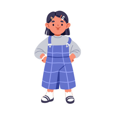 Girl kid with split bifid tongue out. Happy cute little child standing with hands on hips, funny pose. Appearance feature, rare disease. Flat vector illustration isolated on white background