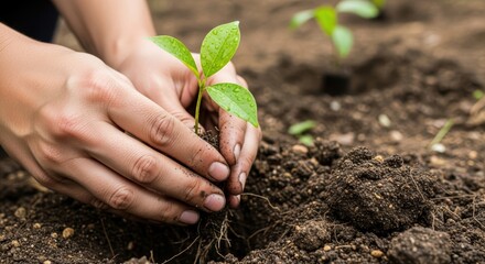 Hands Planting Seedling in Soil for Gardening