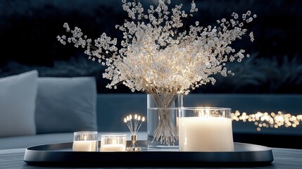 A serene arrangement of lit candles and dried white flowers on a tray, set against a softly lit outdoor background.