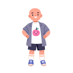 Boy with alopecia, bald hairless head. Happy smiling child. Cute joyful adorable preschool character, kindergarten kid, cheerful excited emotion. Flat vector illustration isolated on white background
