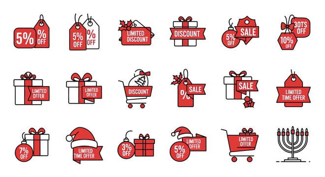 Sales and Holiday Icons: A vibrant collection of sale icons and holiday-themed elements in a flat style, designed for promotional use. 