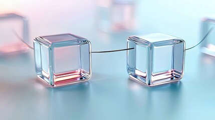 Two transparent glass cubes are connected by thin wires, suggesting a link or network, against a soft, pastel-colored background.