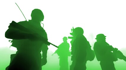 Group of soldiers in tactical gear holding rifles, standing alert in foggy terrain under a night vision effect. Silhouetted figures convey readiness, unity, and covert operation atmosphere.