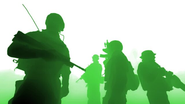 Group of soldiers in tactical gear holding rifles, standing alert in foggy terrain under a night vision effect. Silhouetted figures convey readiness, unity, and covert operation atmosphere.