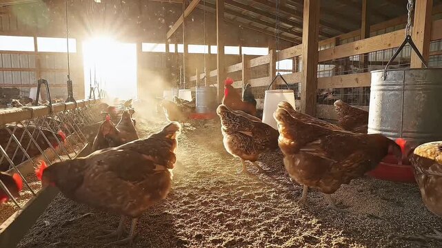 HD Morning Chicken Farm Footage &ndash; Chickens Eating Feed in Real Poultry Farm