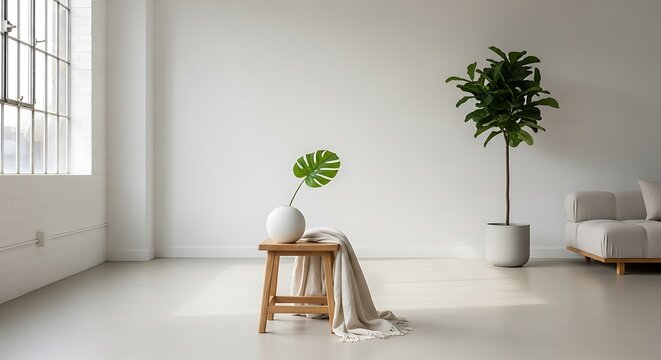 Minimalist studio interior with a wooden stool, monstera leaf, and potted tree, bathed in natural light