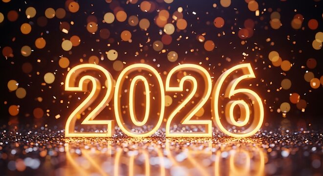 Glowing neon 2026 numbers illuminated with bokeh lights and confetti sparkle