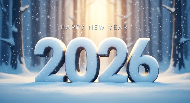 Happy new year 2026 with snowy forest background and warm light