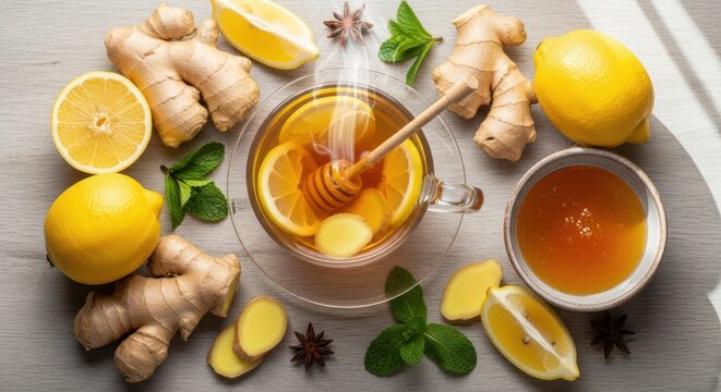 Refreshing homemade ginger lemon tea with honey and fresh mint leaves for a healthy beverage