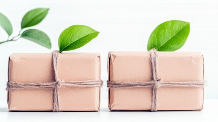 Two brown paper wrapped gifts, each tied with rustic twine and adorned with a fresh green leaf, suggesting eco-friendly delivery or growth.