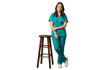 Isolated female nurse in teal scrubs leaning on wooden stool
