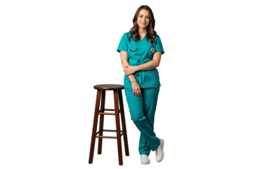 Isolated female nurse in teal scrubs leaning on wooden stool