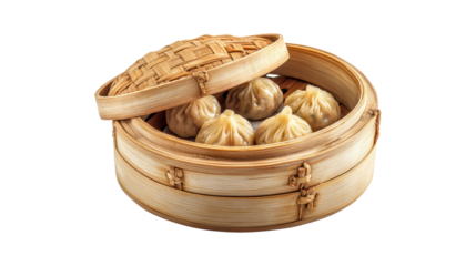 Steamed dumplings in bamboo basket isolated on a transparent background