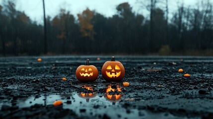 Two glowing jack-o'-lanterns sit on a wet, dark road during a rainy autumn day, with smaller pumpkins scattered around.