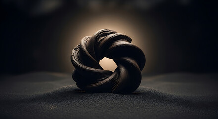 A close-up, dramatic studio shot of a chocolate ring-shaped pastry on a dark, textured surface, with a soft spotlight illuminating it from above