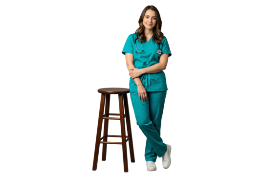 Isolated female nurse in teal scrubs leaning on wooden stool