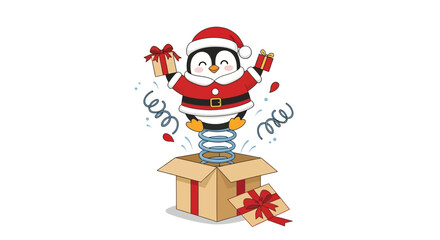 Penguin in Santa suit popping out of a gift box with presents.