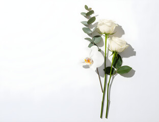 White roses orchid eucalyptus flat lay composition