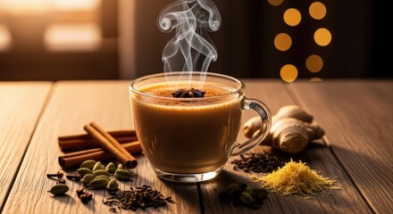 Steaming hot chai tea in a clear glass mug with cinnamon sticks and spices on a rustic wooden table