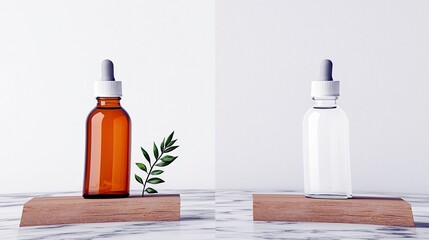 Two cosmetic dropper bottles, one amber and one clear, are presented on wooden blocks on a marble surface.