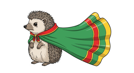 A cute hedgehog wearing a green cape with red and yellow trim. © tr