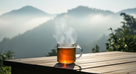 Steaming cup of hot tea on a rustic wooden table with misty mountains in the background at sunrise