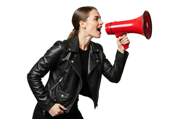 Isolated woman in leather jacket shouting announcement with red megaphone