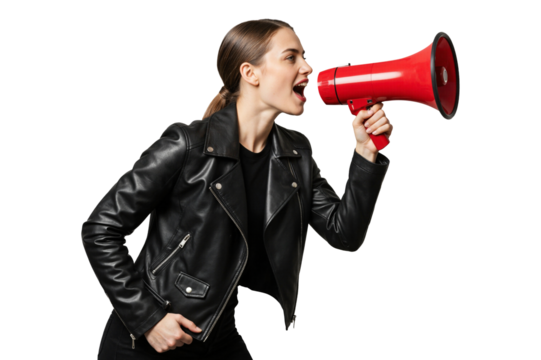 Isolated woman in leather jacket shouting announcement with red megaphone
